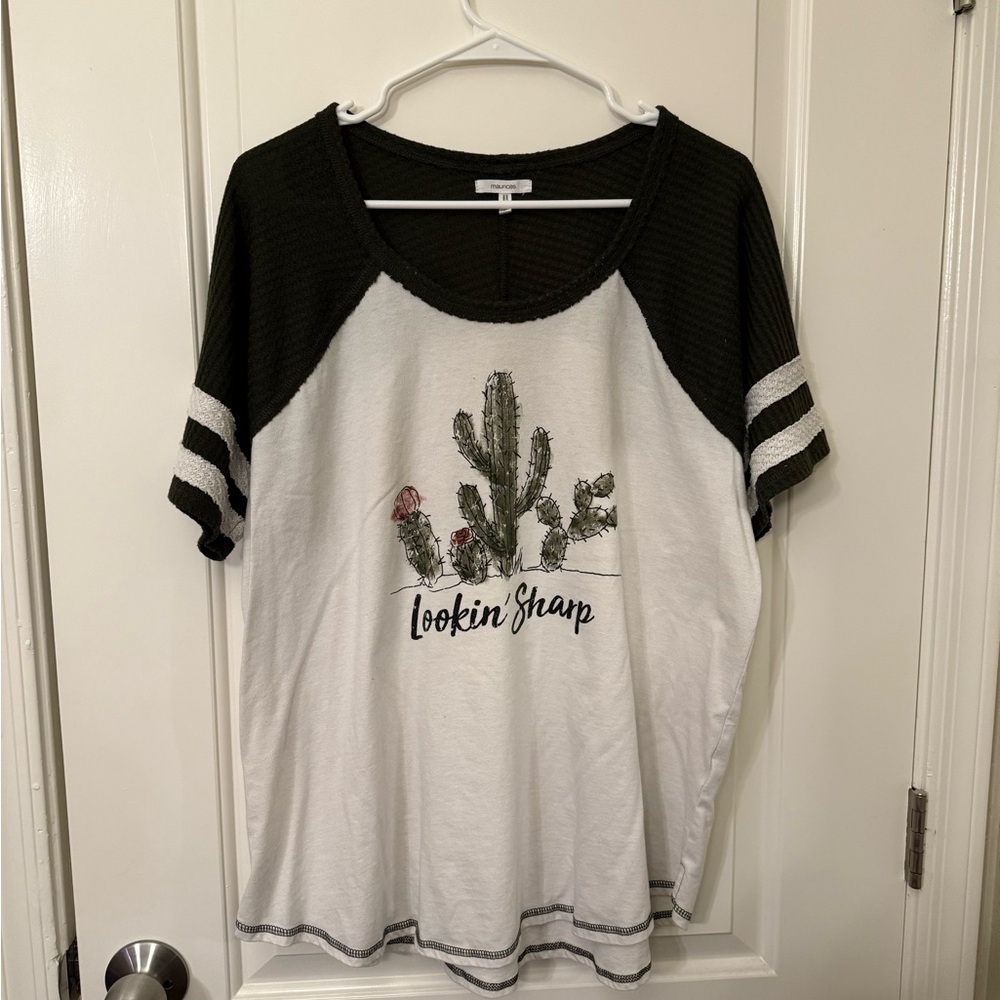 Women's Maurices Green And White Raglan Style Cactus Graphic Tee